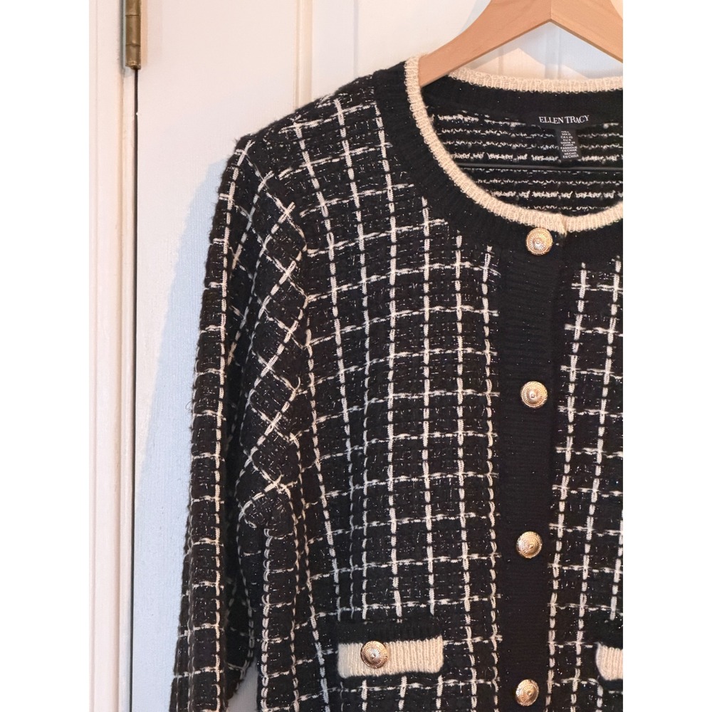 Ellen Tracy | Plaid Stitch Lady Jacket Cardigan Large Black Metallic Gold Button - Picture 5 of 10